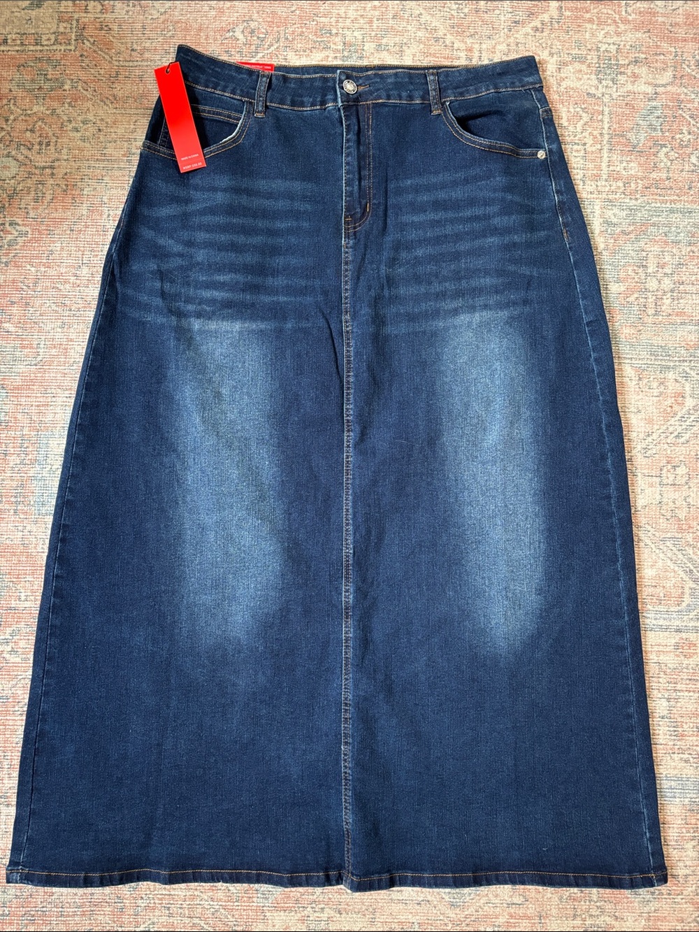 Classic Dark Blue Denim Maxi Skirt with Subtle Fade